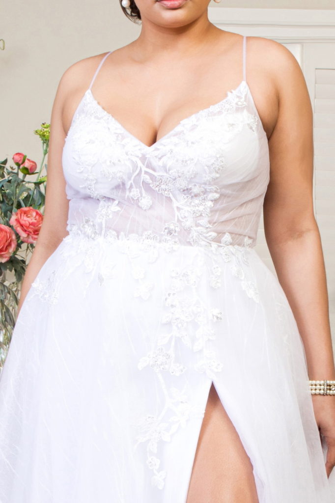 Embroidered Sheer Bodice V-Neck Wedding Gown /w Tail