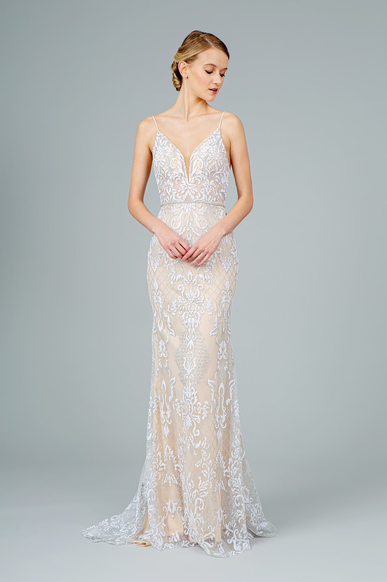 Jeweled Waist Band Accented Glitter Mesh Long Dress